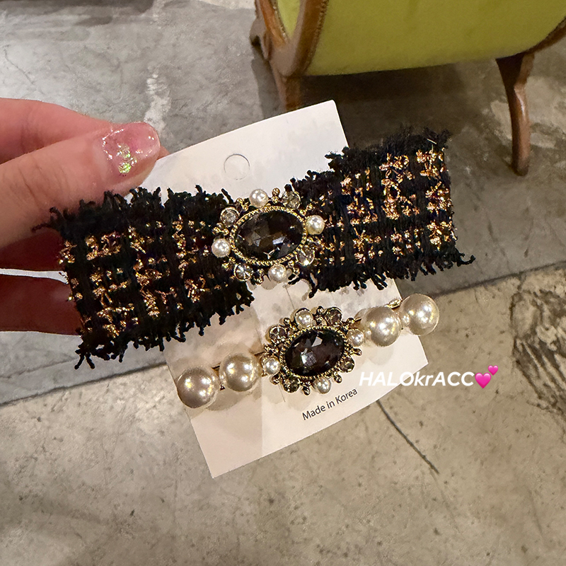 HALOkrACC韩国进口 暖冬毛呢碎布艺 黑宝石蝴蝶结宫廷风发夹