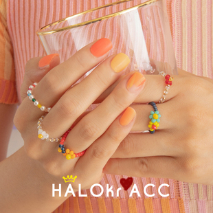 HALOkrACC韩国正品GETMEBLING红蓝撞色彩虹活泼小花珍珠串珠戒指