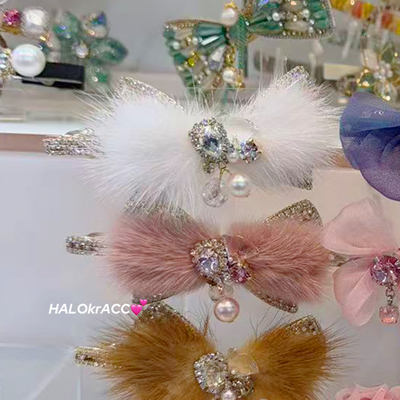 HALOkrACC韩国进口 精致手工兔毛绒软糯彩色水晶镶嵌蝴蝶结发夹