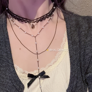 HALOkrACC韩代 暗黑水滴蕾丝颈链细链珍珠Y字混搭颈链项链