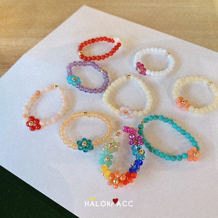 HALOkrACC韩国东大门进口可爱彩虹糖豆小串珠冰晶小花花戒指