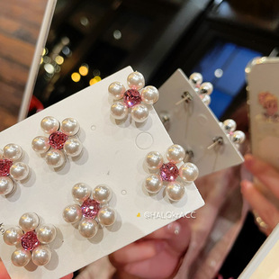 HALOkrACC韩国进口s水晶珍珠 流光珠灯泡粉色花蕊花朵樱花耳钉