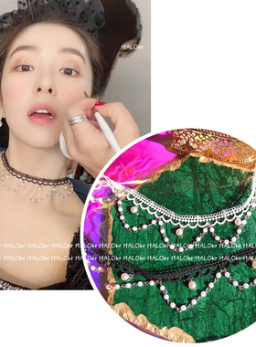 HALOkrACC韩国正品裴珠泫 Irene同款黑白花藤蕾丝珍珠链条颈链