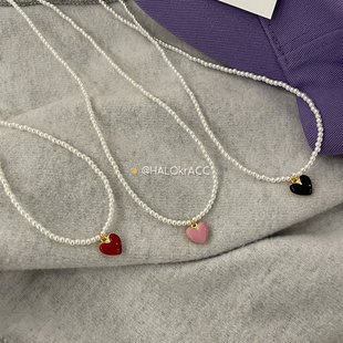 HALOkrACC韩国东大门 一颗奶油小爱心 金底双面立体桃心 细珠项链
