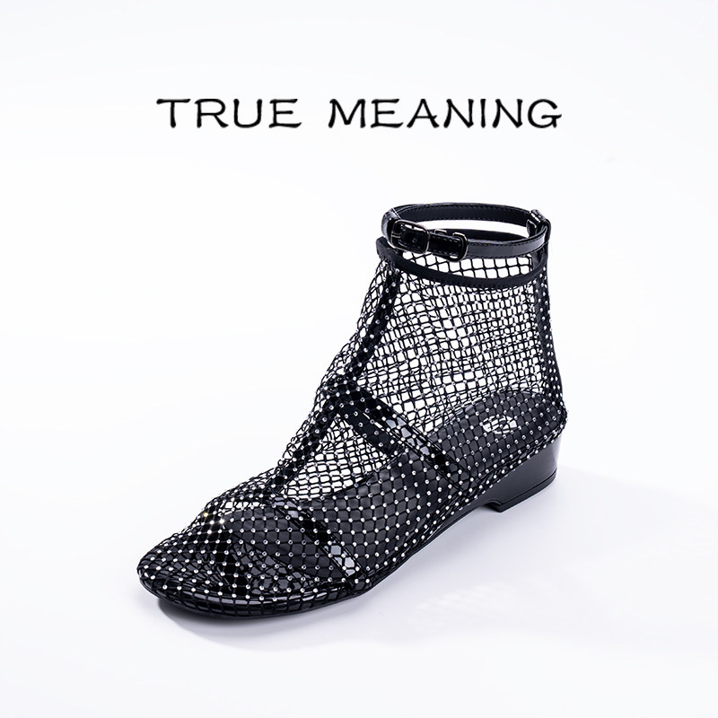 TrueMeaning镂空网钻平底凉靴