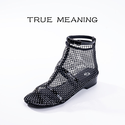 TrueMeaning镂空网钻平底凉靴