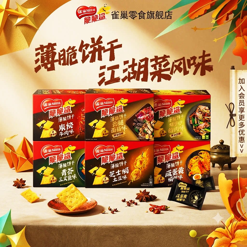 雀巢脆脆鲨薄脆饼干咸蛋黄炭烧牛肉零食盒装80g正品牌官方旗舰店