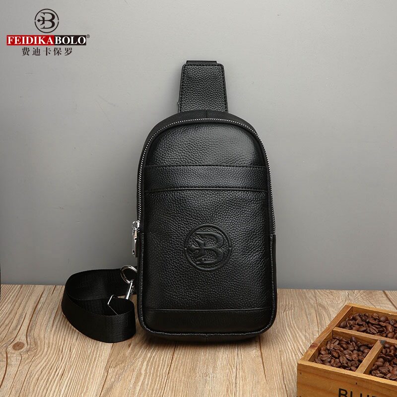 仅亏一天牛皮新款 费迪卡保罗男包头层牛皮胸包货号黑棕两色男士