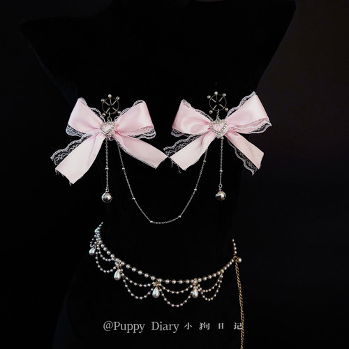 粉蕾丝身体链女choke铃铛蝴蝶结洛丽塔小众原创设计腰链情侣礼物