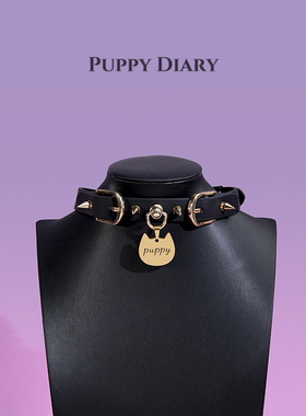 Puppy*真皮朋克项圈铆钉黑色choker小狗挂牌甜酷男女通用项链情侣