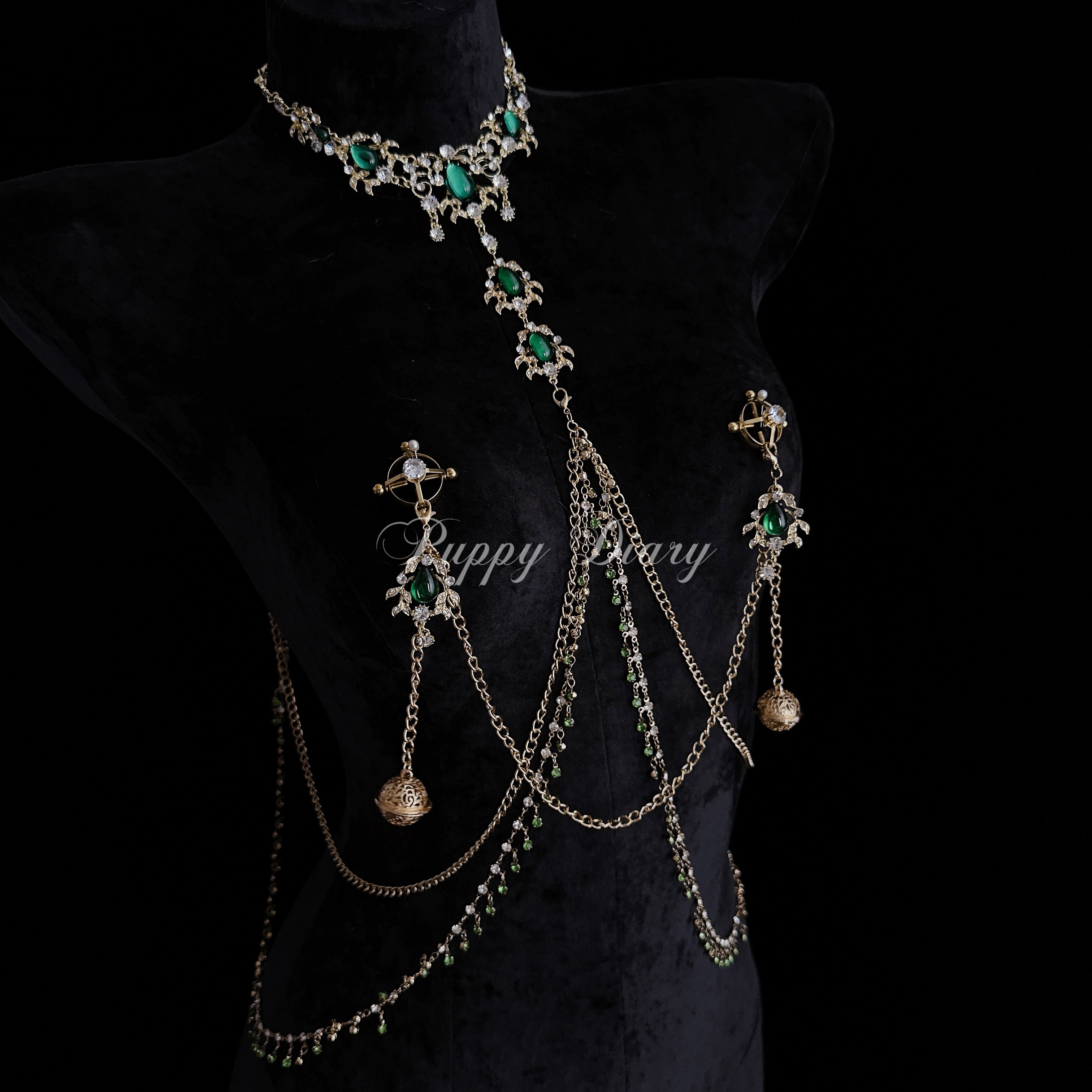 Puppy*复古绿水晶身体链流苏吊坠饰品胸链项链铃铛腰链情侣礼物