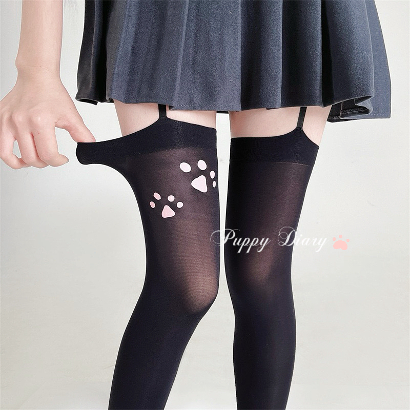 Puppy*猫爪长筒袜女吊带袜可爱过膝长袜天鹅绒丝袜