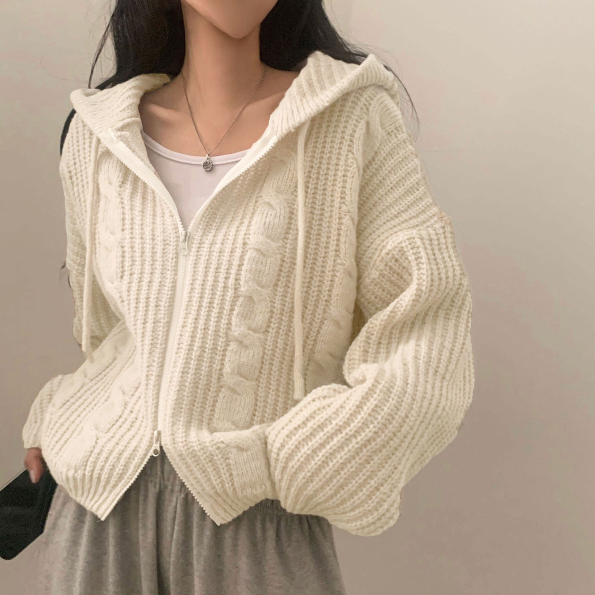 韩版慵懒风宽松麻花毛衣双开拉链连帽长袖针织衫开衫外套ins上衣