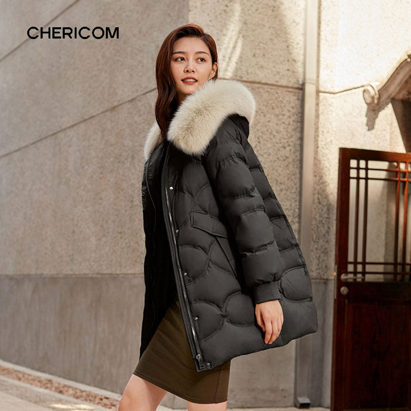 千仞岗冬季中长款狐狸毛领连帽加厚保暖反季羽绒服 Y269762Y