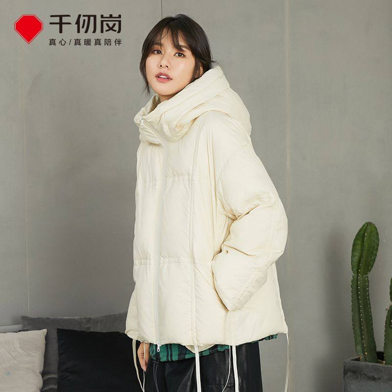 千仞岗韩版宽松丝带设计轻巧保暖纯色长袖连帽鸭绒羽绒服Y258110Y