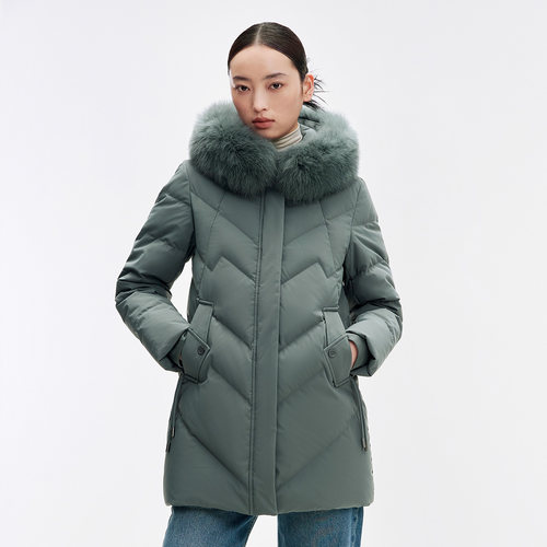 千仞岗中长款狐狸毛领连帽保暖加厚简约百搭羽绒服外套女Y299310B