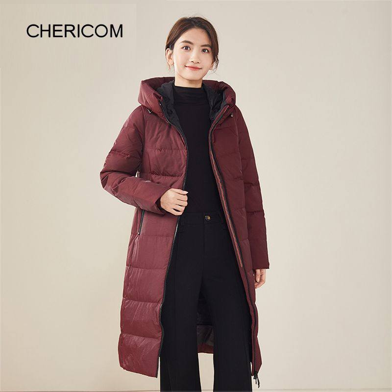 千仞岗新款女士羽绒服中长连帽显瘦简约百搭纯色外套Y278157Y