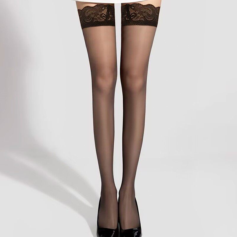 宝诗嫣长筒丝袜女夏季超薄款防勾丝性感纯欲黑丝过膝黑色蕾丝袜子