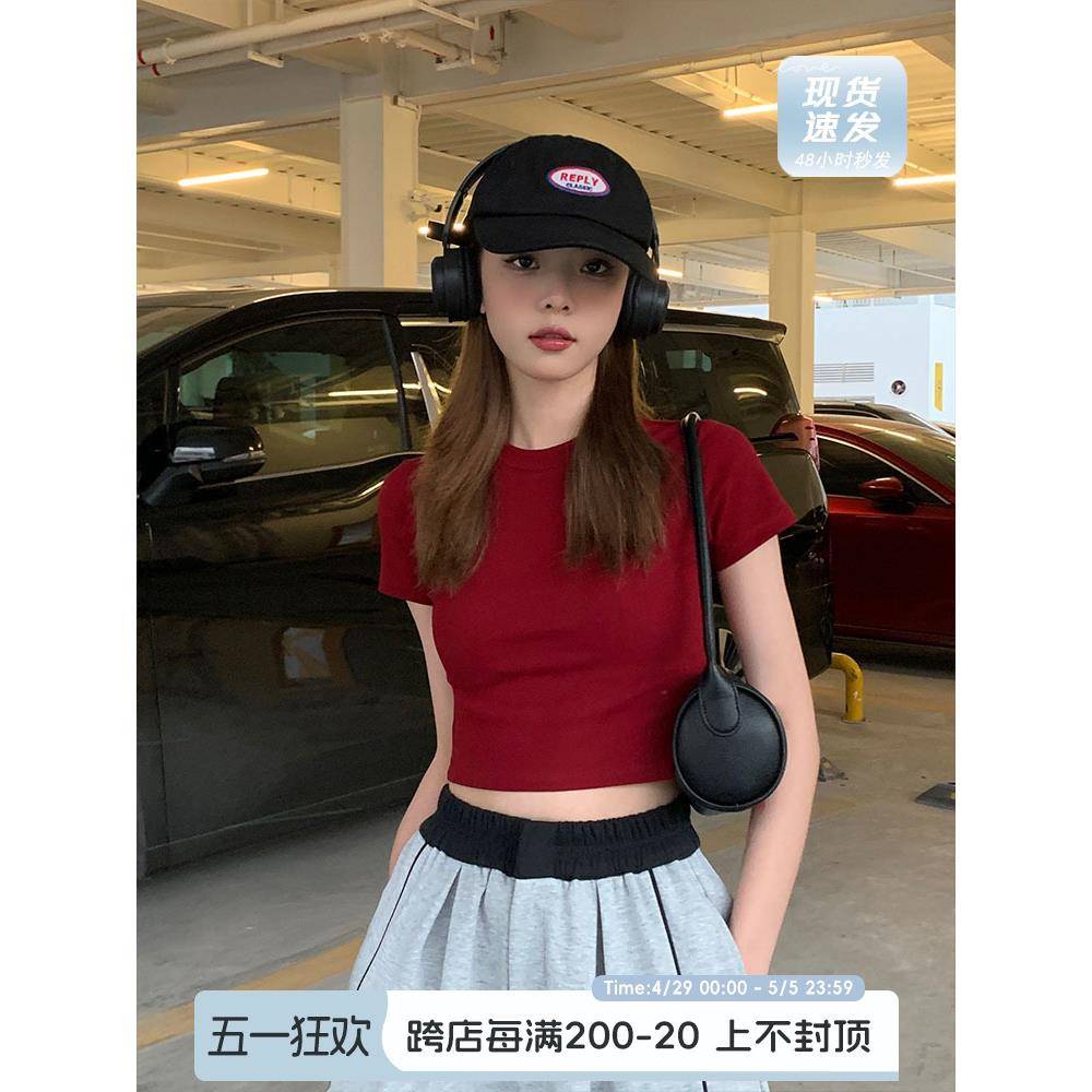 宋正恩女装红色t恤女短袖短款紧身辣妹上衣夏装纯棉修身正肩体恤