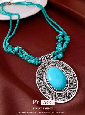 项链vintage项饰串珠石头吊坠椭圆形毛衣链时尚百搭中古双层复古