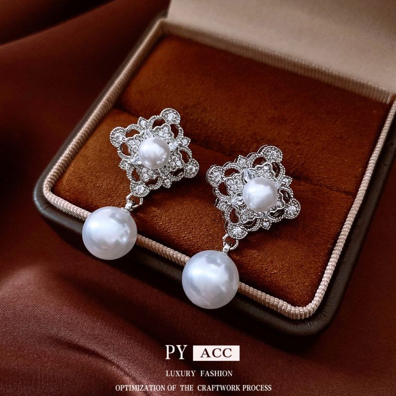 镂空耳钉银针耳环法式锆石吊坠精致轻奢百搭菱形高级感女珍珠耳饰