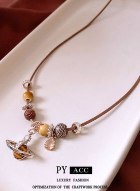 项链水滴链女设计感木珠虎眼石精致小众圆形锁骨气质项饰土星个性