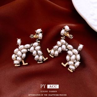 耳环复古银针耳饰百搭中古珍珠镶钻轻奢风个性 女小狗耳钉vintage