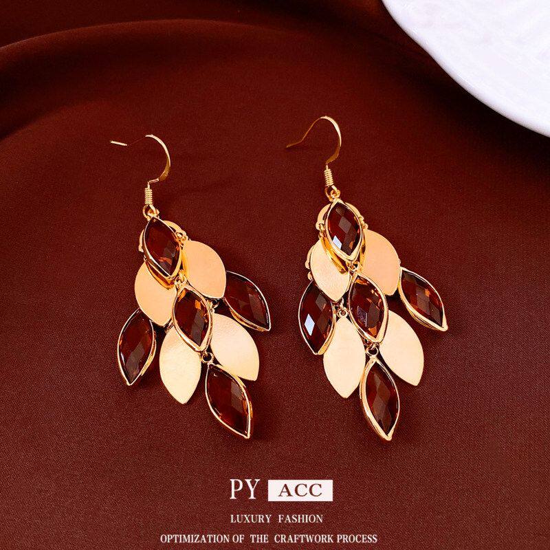 真金吊坠18K耳饰电镀中古耳钩百搭vintage水滴耳环复古玻璃精致女