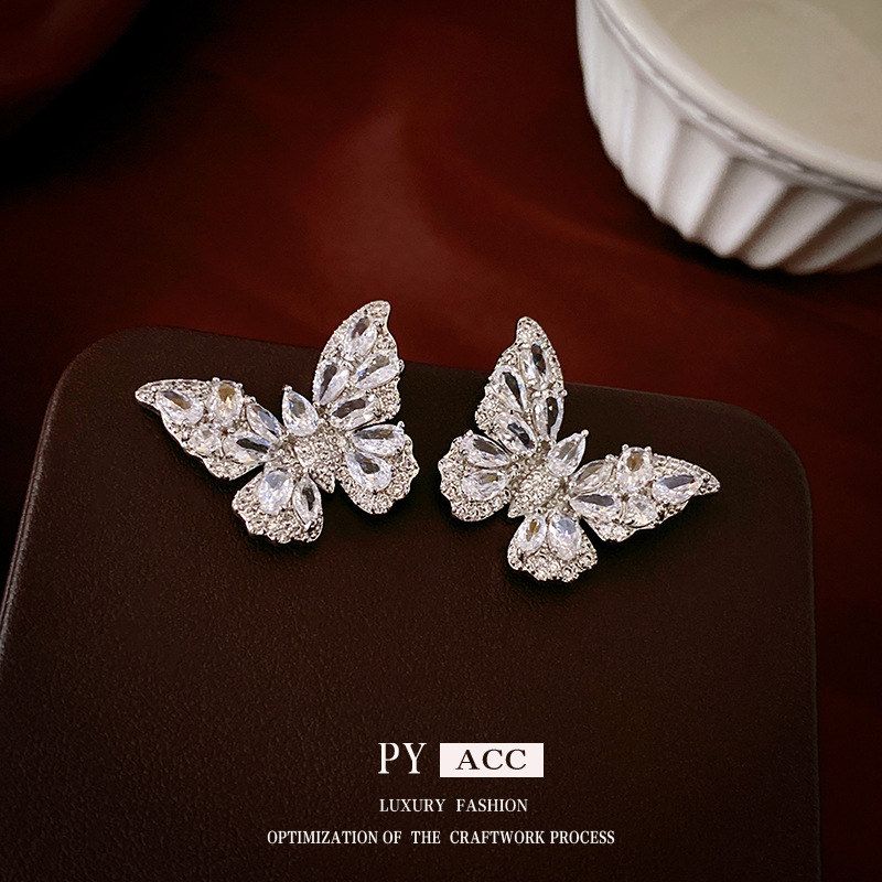 女耳饰时尚轻奢银针韩国精致耳环高级感锆石新款气质蝴蝶批发耳钉