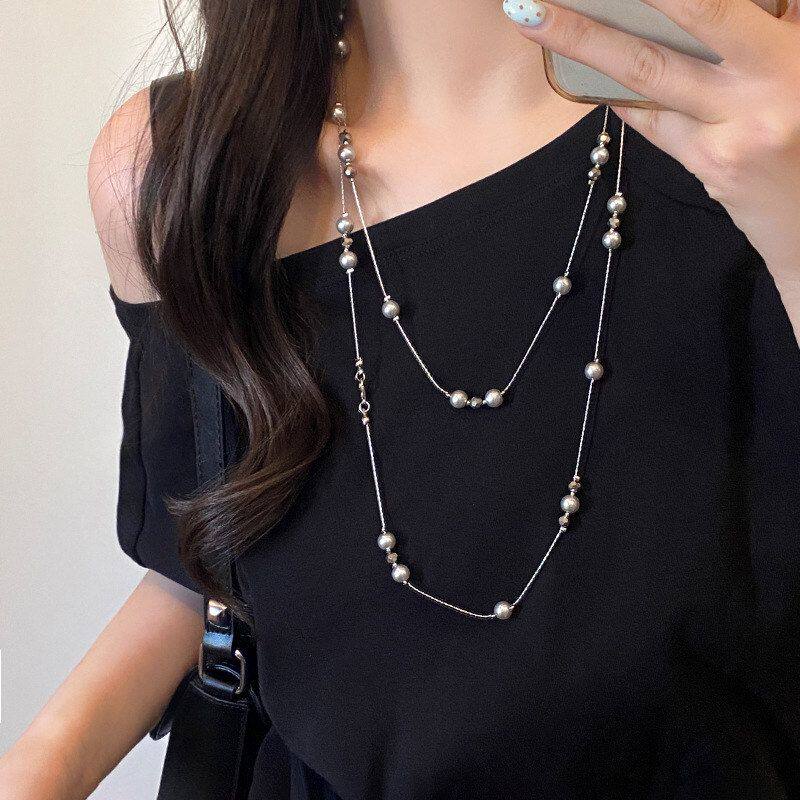 配饰双层灰色长款珍珠项链颈链秋冬女轻奢戴叠毛衣链高级感满天星