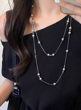 配饰双层灰色长款珍珠项链颈链