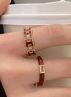 锆石设计食指电镀戒指开口戒小众红色女轻奢高级感真金滴油手饰女