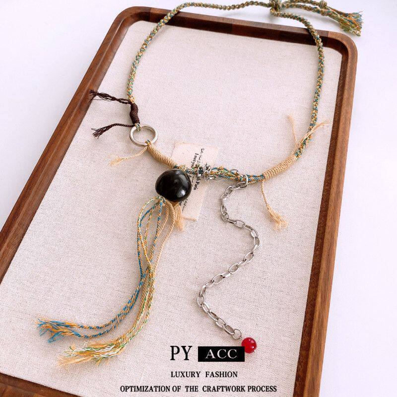 小众简约木头编织百搭民族风项链彩绳新中式流苏女时尚毛衣链项饰