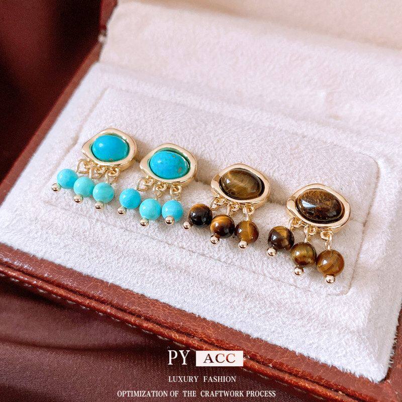 中古石头耳环耳钉百搭吊坠复古小众耳饰vintage银针轻奢椭圆串珠