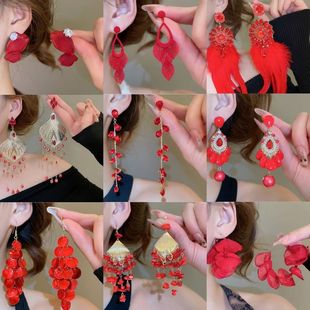 风红色轻奢系列小众百搭耳饰银针不顾则时尚休闲复古耳钉流苏耳环