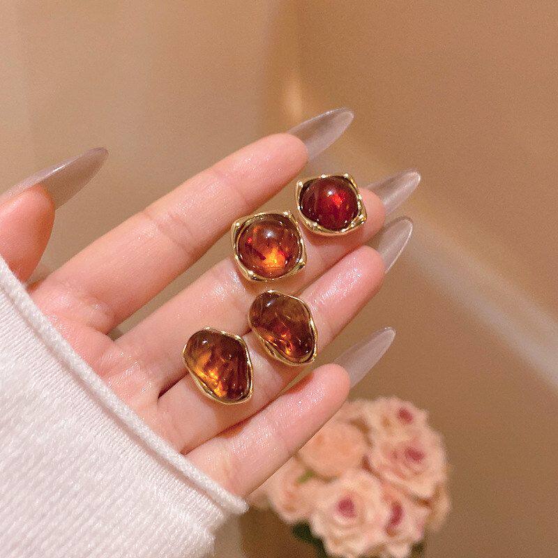 高级美拉德设计感风耳饰气质百搭琥珀色时尚耳环小众耳钉简约几何