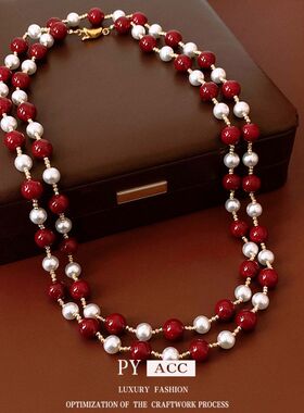 串珠高级感红色vintage毛衣链