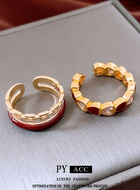 双层戒小众食指真金电镀链条复古滴油拼接红安可拉女手饰戒指独特