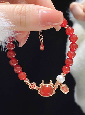 bluehour招财龙年本命年红玛瑙手串女纯银珍珠手链爆款母亲节礼物