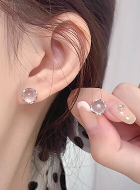 Bluehour粉水晶耳钉女纯银四叶草耳钉小巧精致耳钉高级感轻奢小众