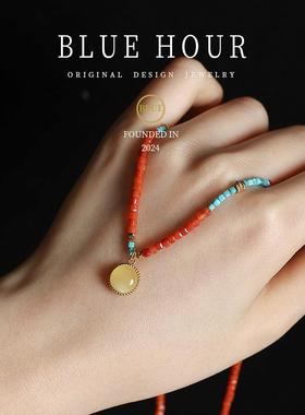 Blue hour七夕节天然南红玛瑙项链女款蜜蜡滴溜轻奢设计感锁骨链