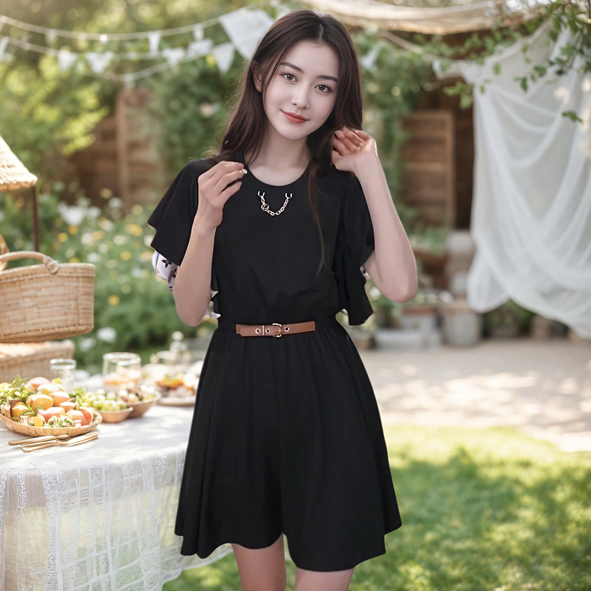 Miele Kohler夏季新款领口链条设计腰带印花女连衣裙MKAX81250