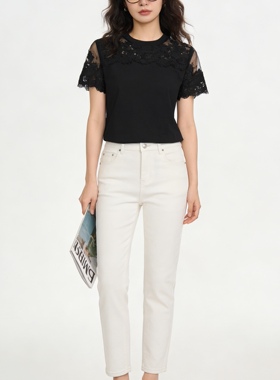 Miele Kohler夏季新款轻奢高级感亮片蕾丝设计感短袖T恤MKAX82691