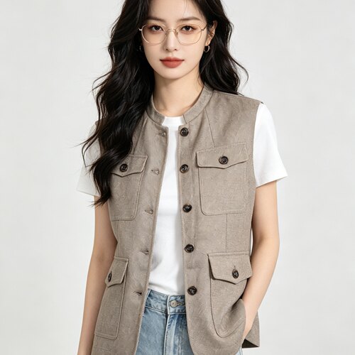 夏季韩系亚麻叠穿薄款马甲女