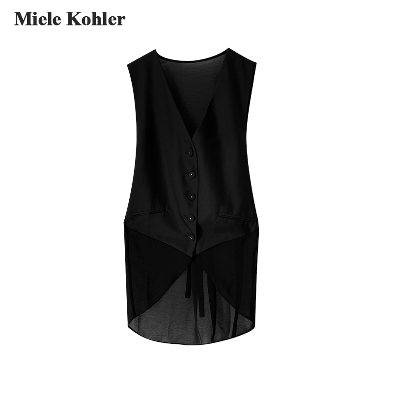 Miele Kohler2023夏季新款黑色无袖露肩外套女深V正肩高腰上衣