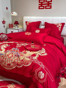 高档中式 龙凤刺绣结婚四件套大红色床单被套纯棉喜被婚庆床上用品