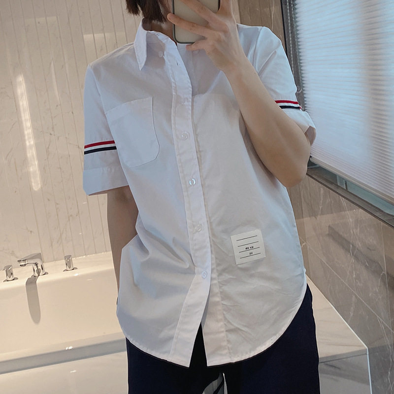 TB学院风减龄甜美翻领单排扣开衫女装2022夏季新款彩杠休闲衬衫