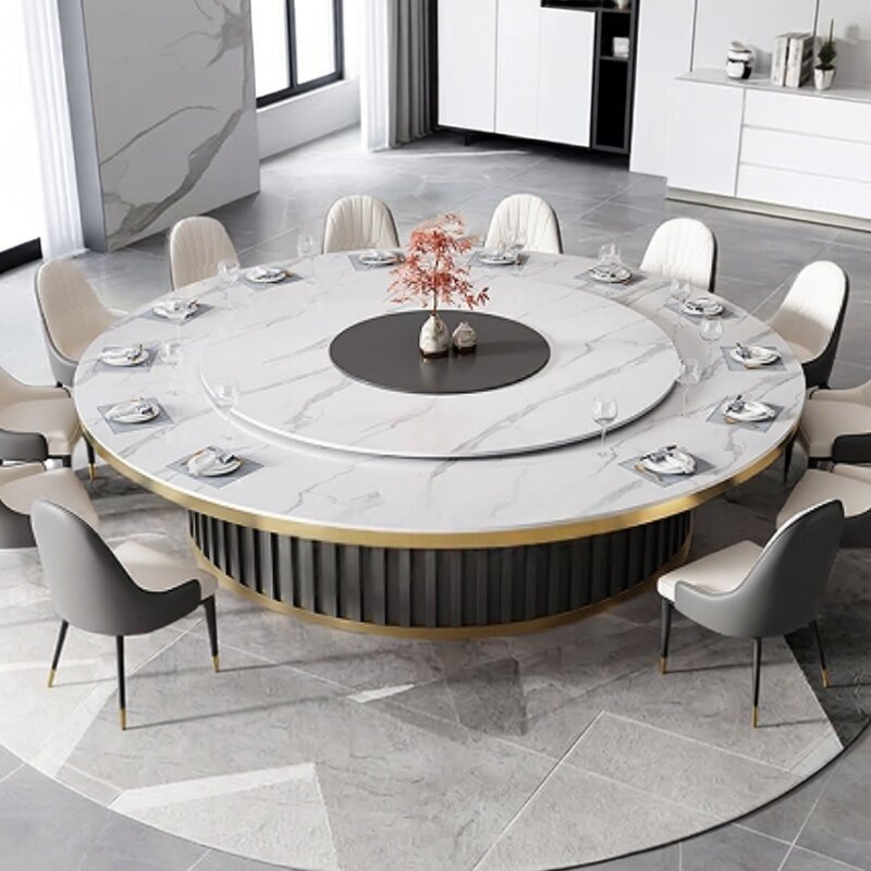 现代极简酒店轻奢岩板电动餐桌大圆桌饭店大理石隐形电磁炉宴会桌