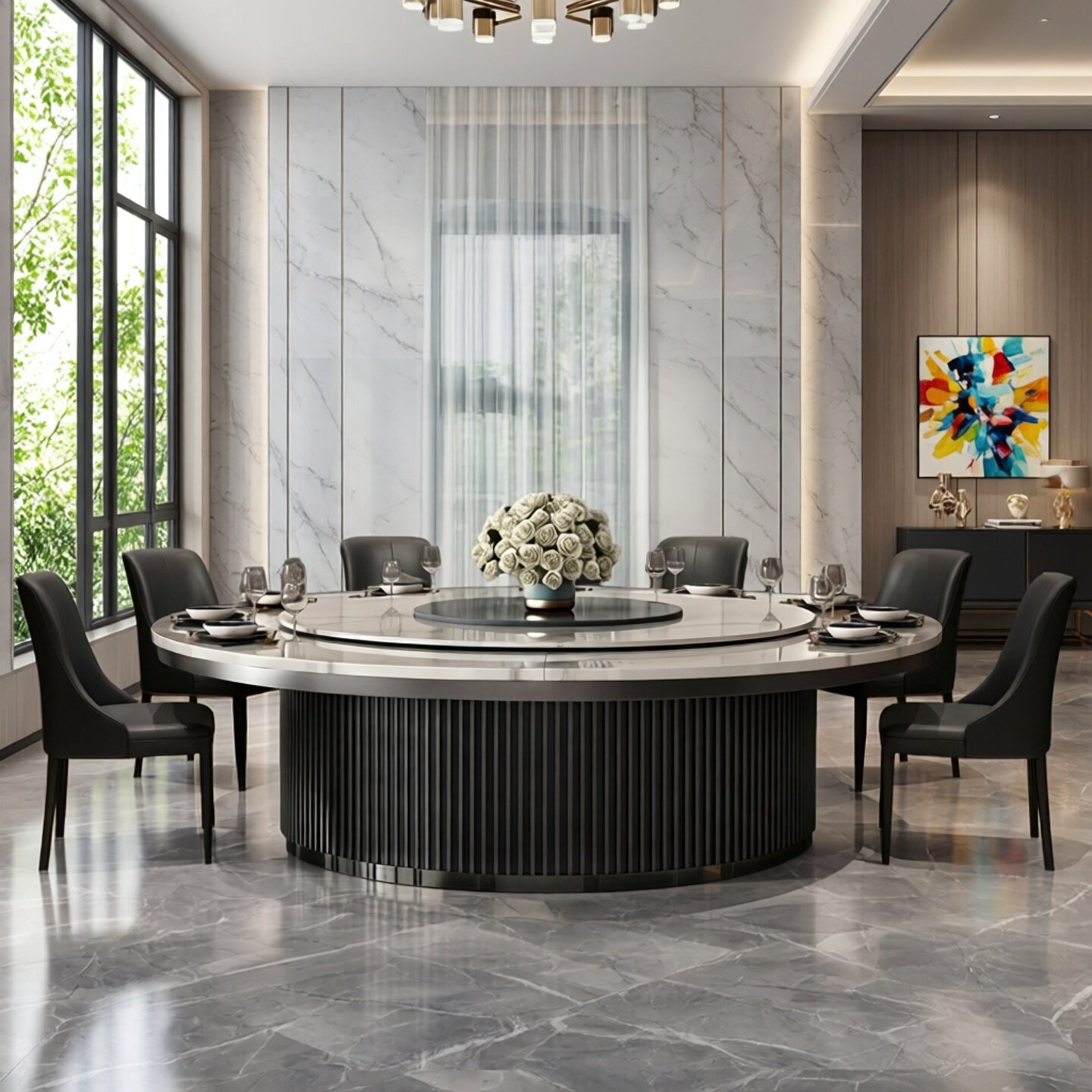 新中式酒店实木电动餐桌大圆桌现代餐厅轻奢简约火锅桌宴会餐桌椅