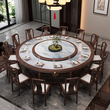 新中式酒店实木电动餐桌大圆桌现代餐厅简约火锅桌包房岩板宴会桌